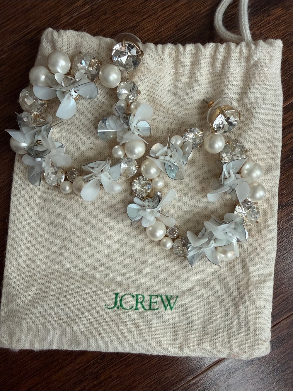 J. Crew Pearl, Crystal & White Floral Statement Hoop Earrings